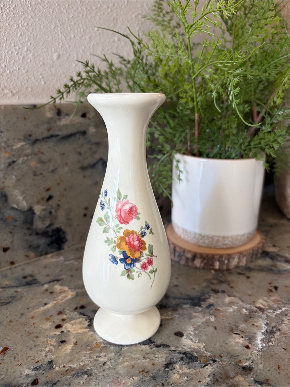 Vintage Mid Century Cream Floral Glazed Ceramic Slender Neck Bud Vase, 6.5” high